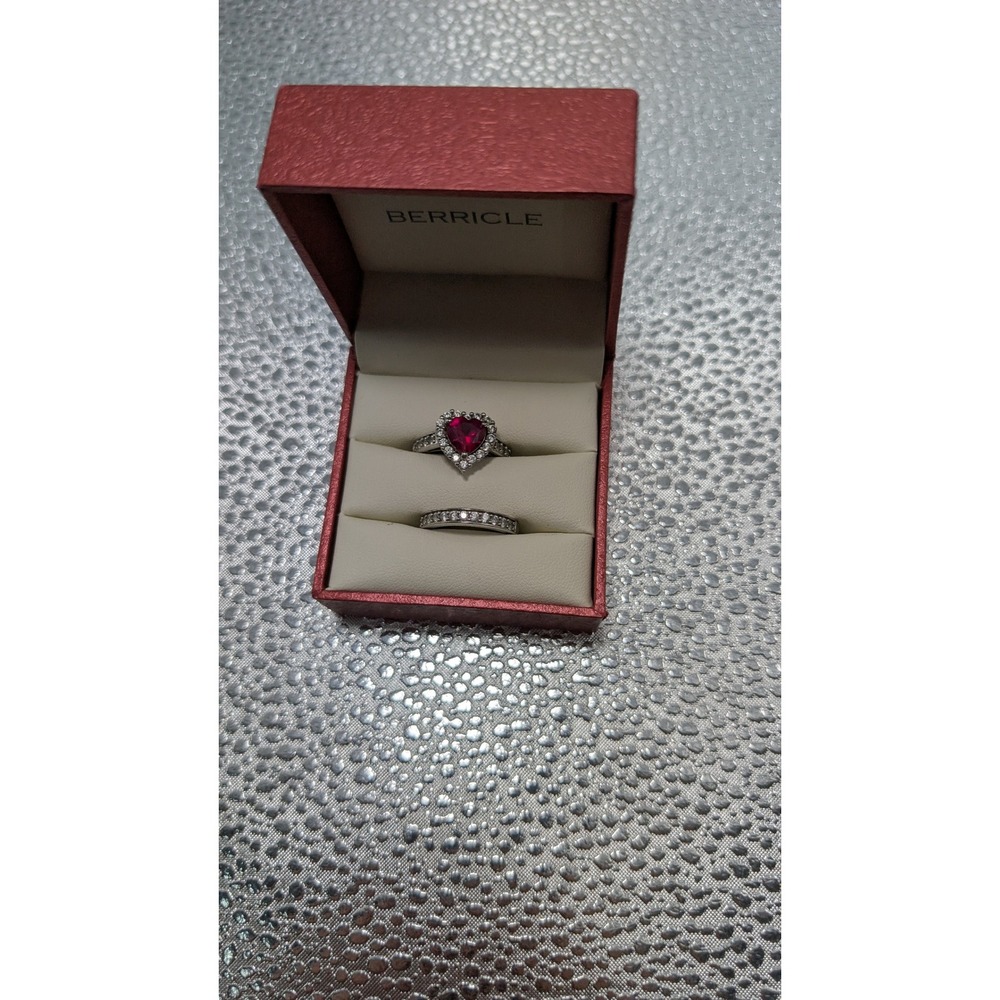 Berricle Sterling Silver Heart Ruby Red CZ Halo Bridal Ring Set with Box